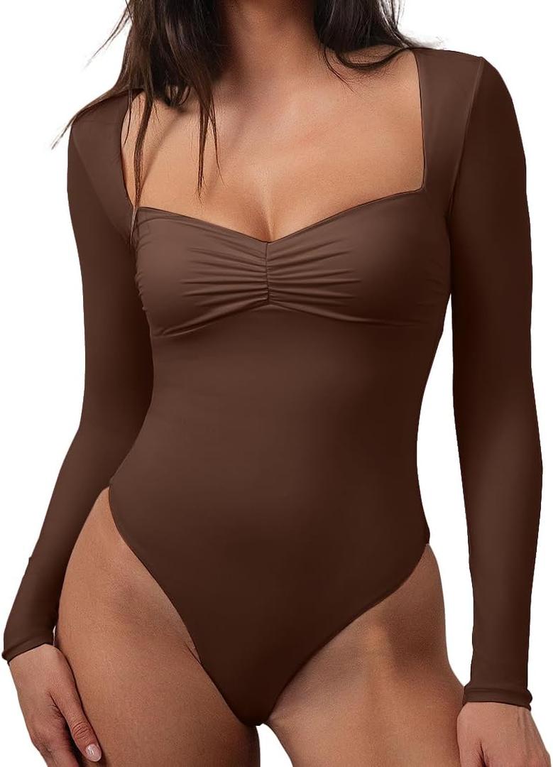 CHYRII Womens Sexy Square V Neck Bodysuit Tops Fall Fashion Long Sleeve Going Out Tops (XL, Coffee)