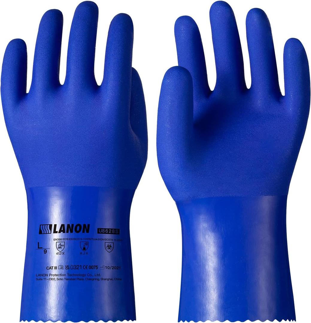 LANON PVC Chemical Resistant Gloves, Heavy-Duty Rubber Gloves, Acid, Alkali and Oil Protection, Non-Slip, Blue, Large (Large (Pack of 1))