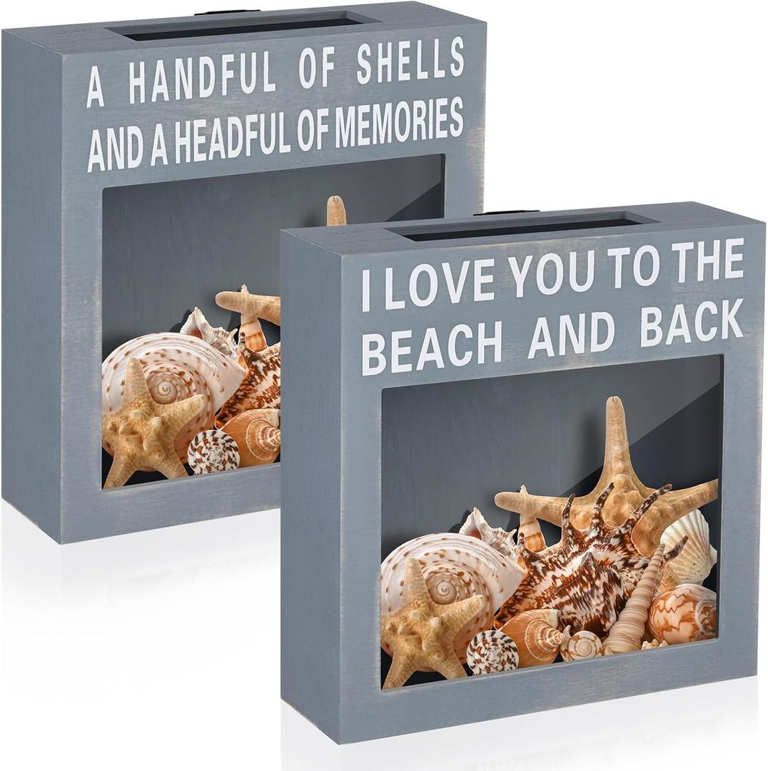 Juexica 2 Pcs Seashell Holder Seashell Display Box Beach Room Decor Ocean Themed Gifts for Sea Shell Coastal Decor Acrylic Wall Hanging Display Case(Paint Blue,to The Beach and Back)