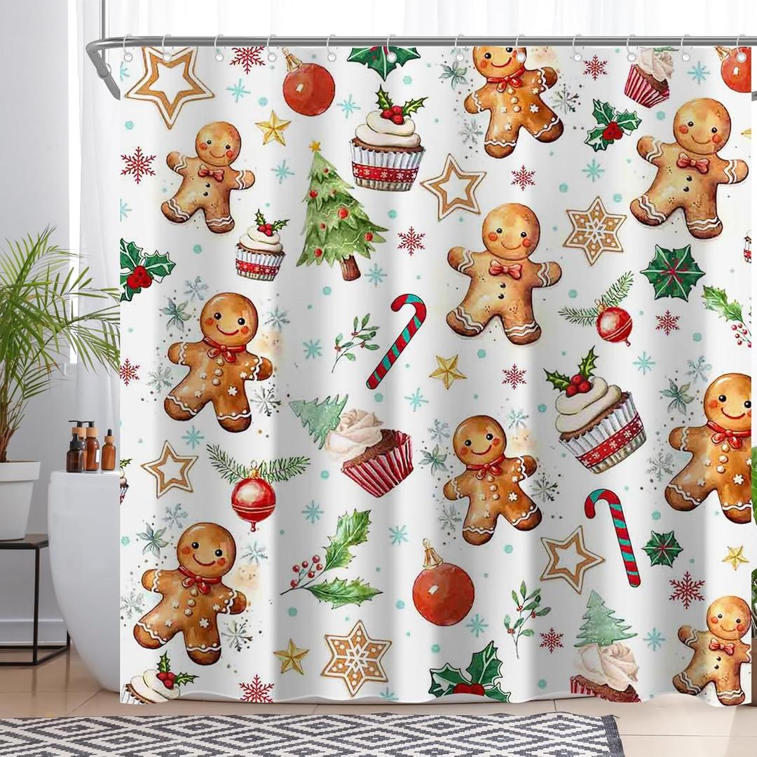 Gingerbread Shower Curtain for Bathroom Christmas Cookies Candy Xmas Tree Stars Snowman Home Decorations Sets with 12 Hooks Waterproof Polyester 72" x 72"