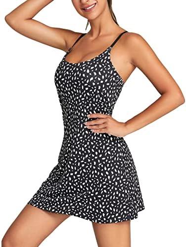 Leovqn Womens Tennis Dress with Built-in Bra & Shorts Athletic Dress Workout Dress Exercise Dress with Pockets Golf Dress, Black Leaf Pattern, XL