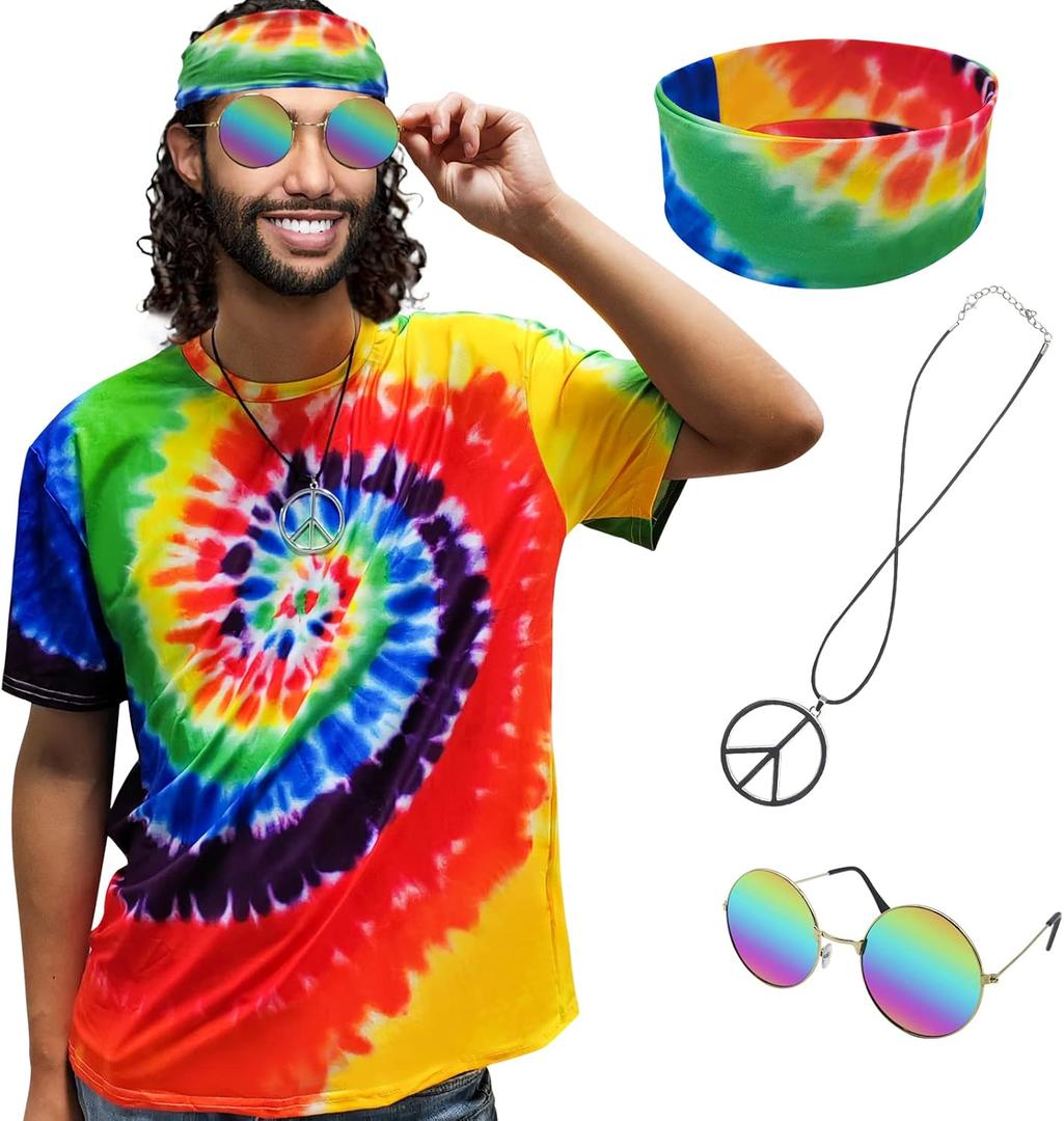Hippie Costume for Men Women 60s and 70s colorful T-shirt sunglasses headband Peace Necklace 4-Piece Theme Party (Large)