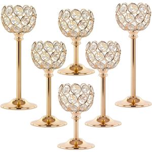 Crystal Candle Holders 2 Set of 6 - Gold Vintage Hollow Ball Candle Stand for Table Centerpiece, Crystal Metal Tealight Candlestick for Wedding, Dining Room Decor