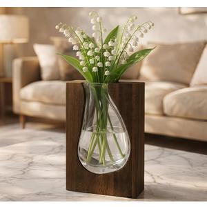 Wood and Glass Vase for Flowers - Handcrafted Solid Wood Glass Vase, Rustic Farmhouse Table Centerpiece, Artistic Wooden Vases for Home Decor Living Room (Large - Wide (9.5" H x 6.9" W))