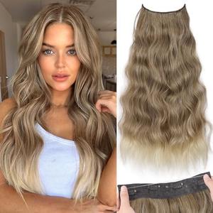 KooKaStyle Invisible Wire Hair Extensions with Transparent Wire Adjustable Size 4 Secure Clips Long Wavy Secret Synthetic Hairpiece 24 Inch Ash Brown mix Bleach Blonde for Women
