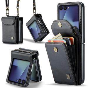 ASAPDOS Crossbody Case Compatible with Samsung Galaxy Z Flip 7,Retro PU Leather Strap Wristlet Flip Case with Magnetic Closure and Card Holder for Men Women Black