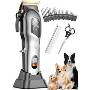 Dog Clippers for Grooming, Dog Grooming Kit for Heavy Thick Hair, Low Noise Cordless Pet Hair Trimmer with Stainless Steel Blade, Professional Rechargeable Hair Trimmer for Dogs and Cats