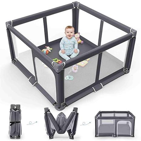 Foldable Baby Playpen Portable Travel Play Yard, Dark Gray | Safety Play Yard for Babies & Toddlers, Indoor & Outdoor Use, Carry Bag Included, Collapsible, Portable，Sturdy & Secure