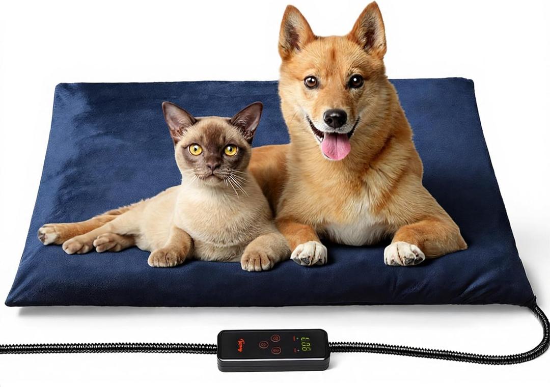 Toozey Large Pet Heating Pad, 6 Adjustable Temperature Dog Cat Heating Pad with Timer, Waterproof Heated Dog Bed with Chew Resistant Cord, Indoor Electric Pet Heated Mat 35x24in (Navy Blue)