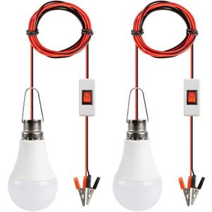 DC 12V LED Light Bulb Emergency Lamp Lights with 3 Meter Clamp Wiring & Switch for Camping Light, Outdoor Lighting, Motorcycle, Boat, RV Interior Low Volt Lightings, White 6500K, 2 Packs (12W)