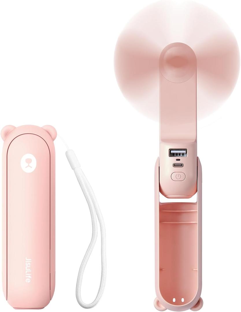JISULIFE Handheld Mini Fan, 3 IN 1 USB Rechargeable Portable Fan [12-19 Working Hours] with Power Bank, Flashlight, Pocket Design for Travel/Summer/Concerts/Lash, Gifts for Women (Pink)