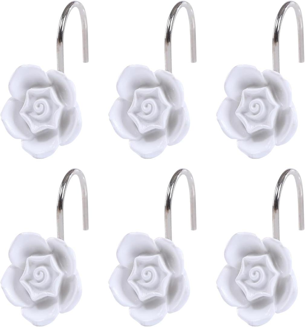 Twofish Home White Flower Ceramic Resin Shower Curtain Rings Set of 12 for Restroom Chioce Girlfriend Gifts to Boyfriends White Flower Design Shower Curtain Hooks Pack of 12