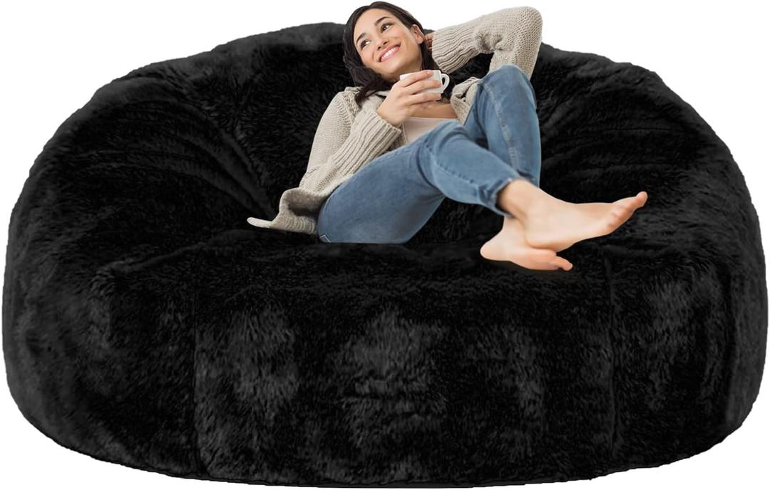 7FT Giant Bean Bag Chair Cover (Cover only, No Filler) Soft Faux RH Fur Sofa Bed Washable Bean Bag Couch Cover for Adult and Kids with Liner, Black