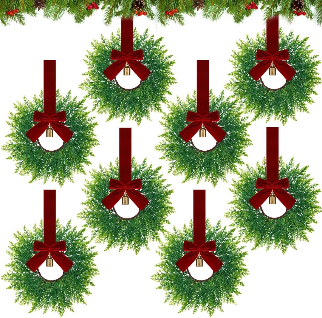 Dingion 8 Pcs 9.8" Small Christmas Cabinets Wreaths Mini Wreaths for Kitchen Window Chair Backs with Ribbon Bell Artificial Greenery for Farmhouse Holiday Decoration (Velvet,Elegant,Dark Red)