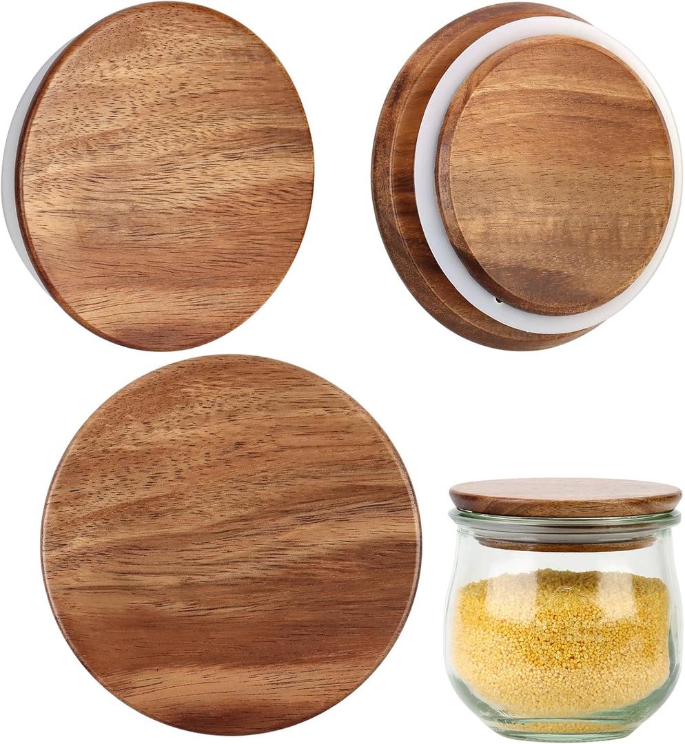 2 Pack Lids for Weck Jars 80mm Opening Acacia Tulip Glass Jar Lid with Silicone Airtight Jar Wooden Lids Medium 3.44" Reusable Storage Lids Fits for Weck Jar Models 900 976 746 901 996 958 908