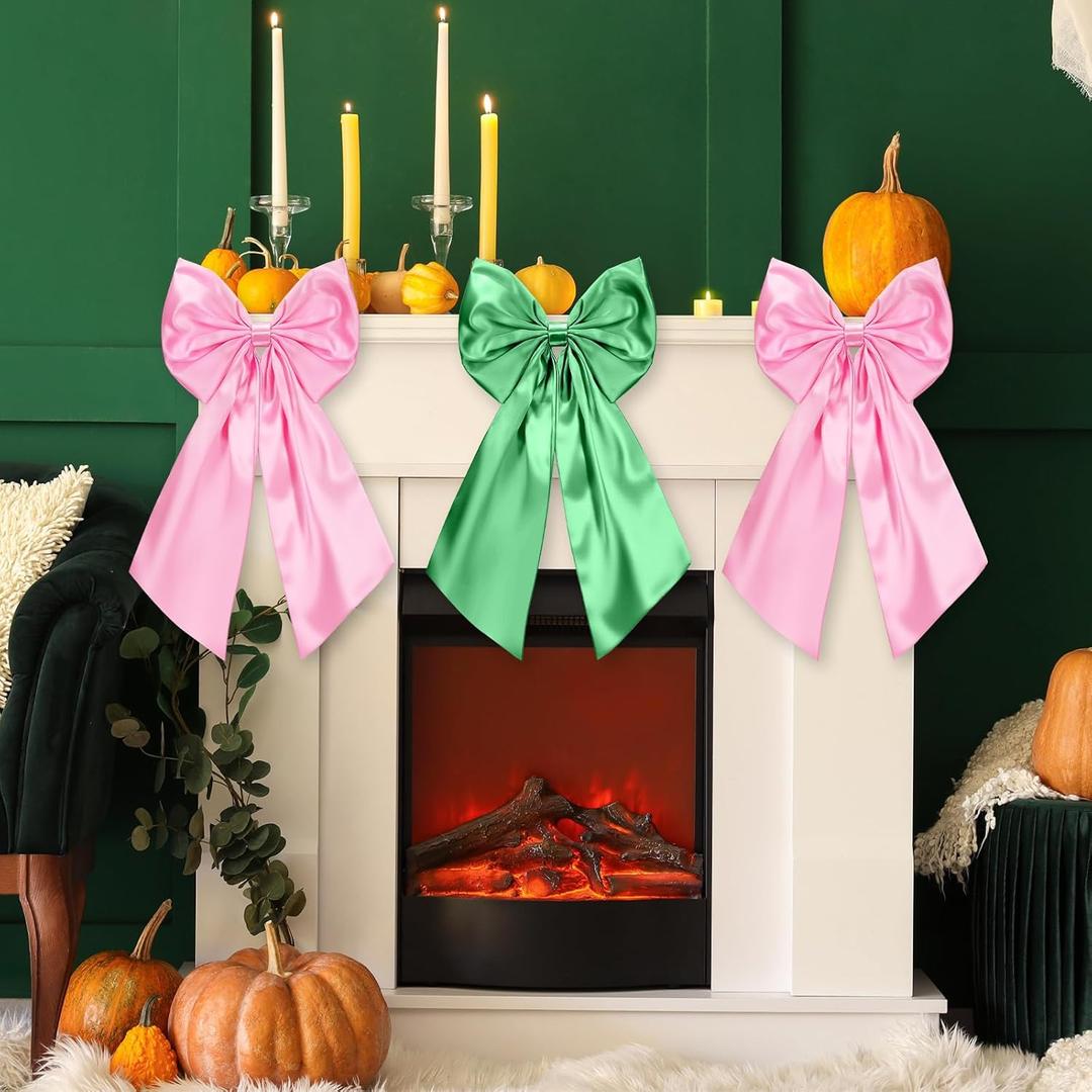 3 Pcs 2 FT Large Christmas Bow Decorations Big Satin Pink Green Bows Hanging Wall Decors for Room Fireplace Coquette Birthday Backdrop Bridal Shower Wedding Bachelorette Christmas Party Supplies