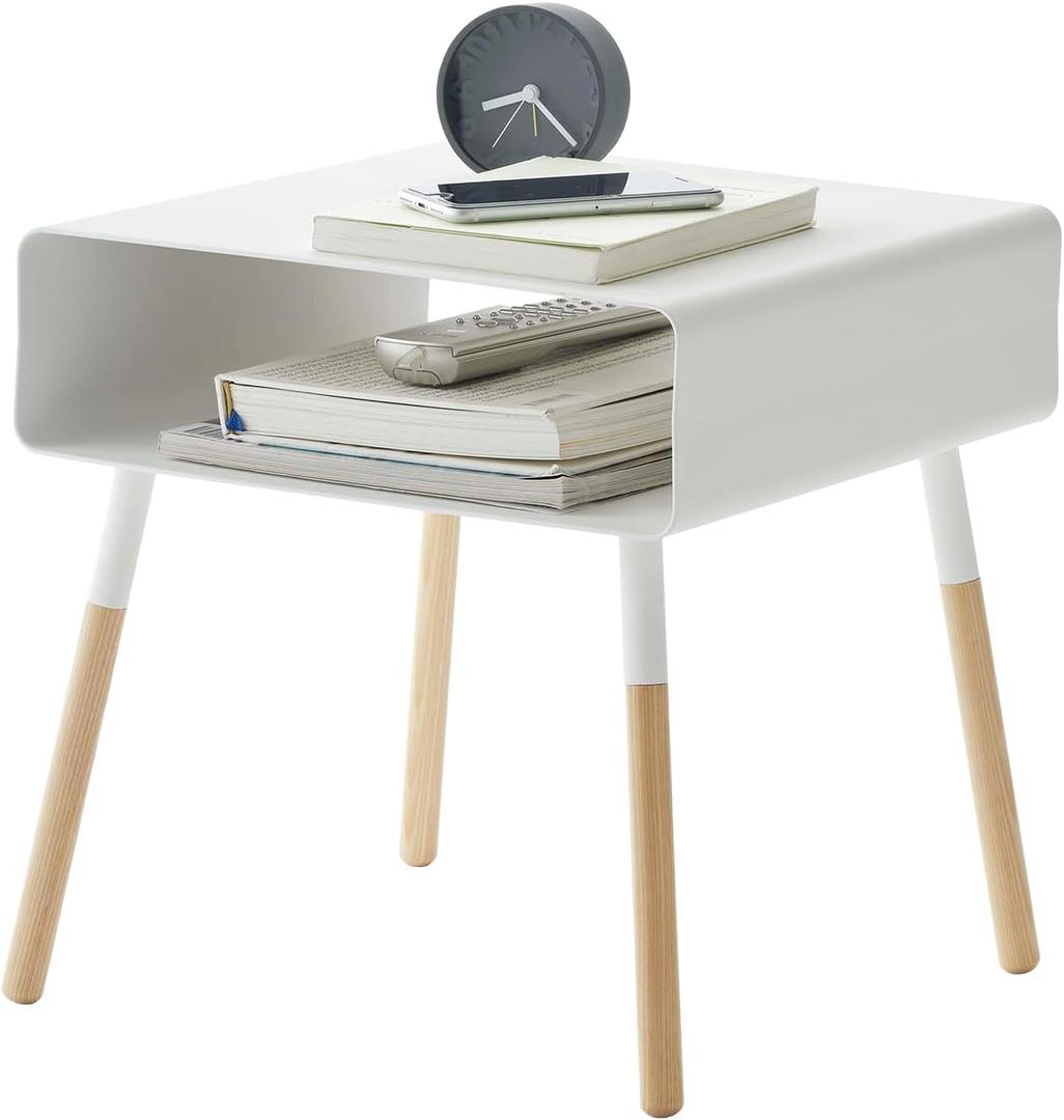 Yamazaki Home Plain Side Table With Open Storage Shelf, Rectangular Accent Space Saving Living Room Bedroom Couch End Table - Short, 14" - Steel + Wood (White)