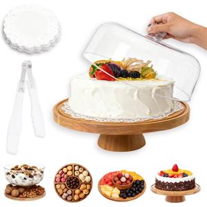 Wooden Cake Stand with Clear Lid, 11in 4-in-1 Round Dessert Stand Includes Baking Paper and Food Tongs, Multifunctional Cake Holder Dessert Table Display Set for Party Wedding Birthday