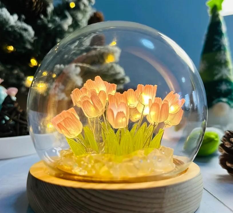 (20 Flower) Birthday Gifts for Mom, Tulip Lamp Night Light with Glass Dome,Handmade Artificial Flower Table Lamp Bedroom Desk Decoration for Women Daughter Girlfriend Christmas Holiday Gift