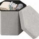 Hexagon Storage Ottoman, 15 Inch Foldable Footstool, Oat Gray | Plush Chenille Upholstery, Hidden Storage, Compact Footrest, Small Accent Ottoman for Entryway, Living Room and Dorm