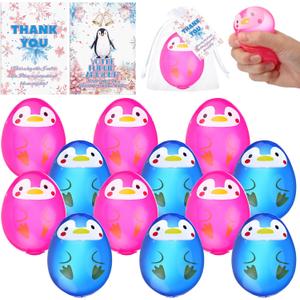 Gemscream 12 Sets Penguin Stress Balls Bulk Winter Ice Sensory Squeeze Toy with Cards Bags Funny Anxiety Relief Sugar Fidget Toy for Coworker Employee Staff Birthday Party Favor