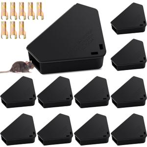 Qualirey 12 Pcs Mice Station with Key Triangle Mouse Station Lockable Reusable Bait Box, Enclosed Design for Indoor and Outdoor Use, Suitable for Small Mice (Black)