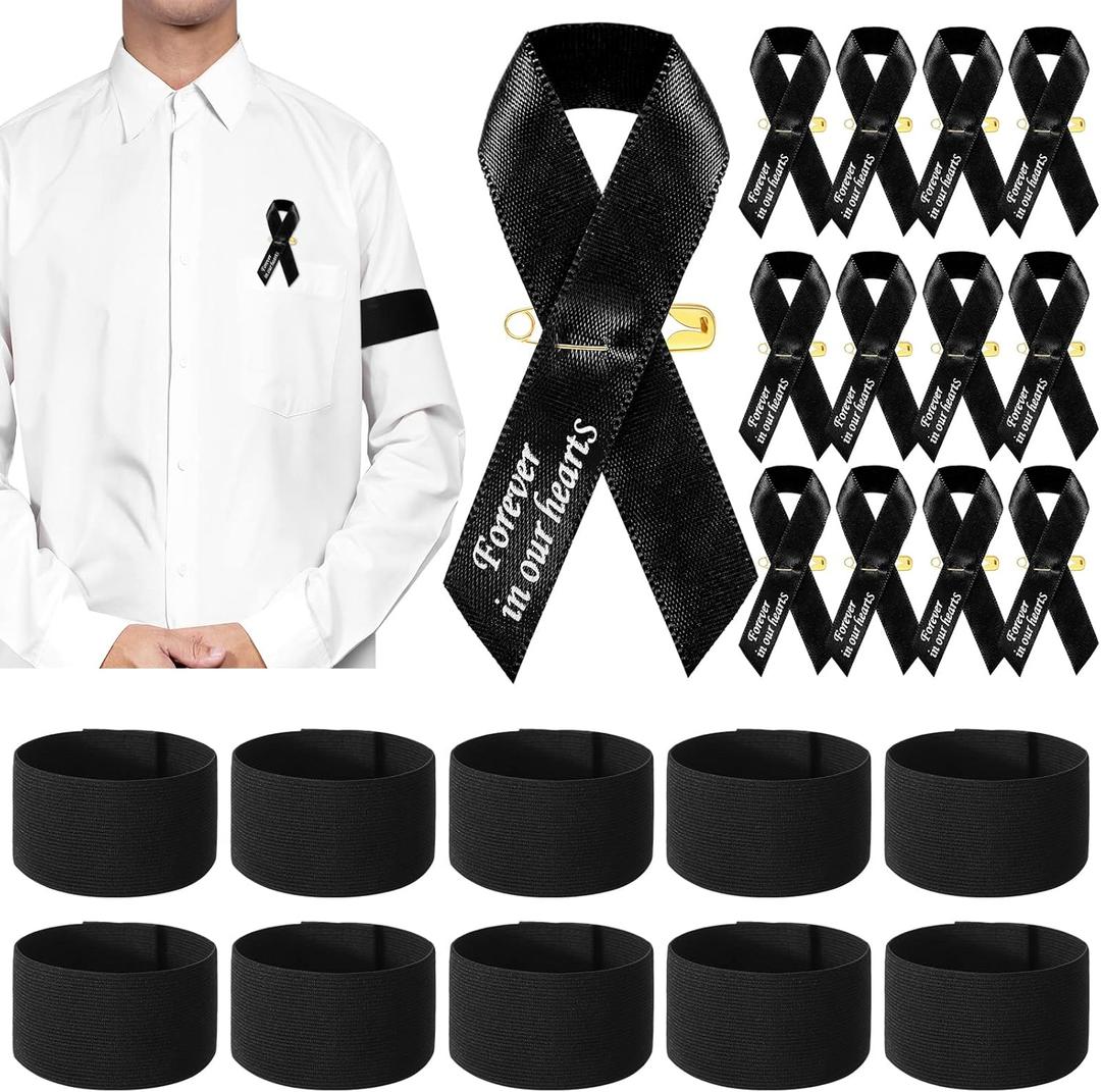 50 Pcs Mourning Ribbon Pins Black Funeral Memorial Ribbon Pins and 25 Pcs Funeral Mourning Arm Bands Forever in Our Heart Classic Elastic Armband for Funeral Memorial Condolence Respect Event
