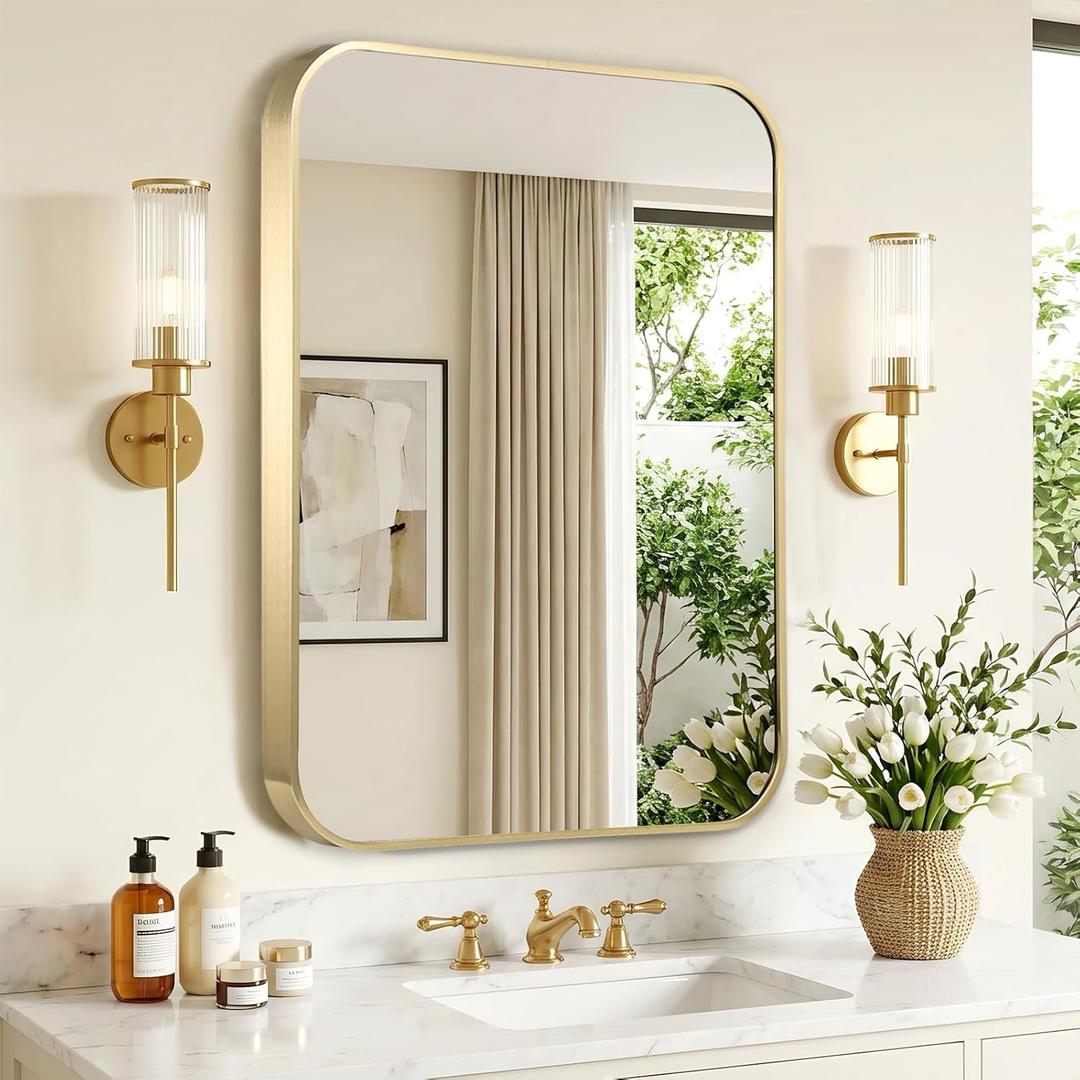 TITAMEG Gold Bathroom Mirror for Over Sink, 24"x36" Aluminum Frame Rectangle Wall Mirror, Modern Decorative Vanity Mirror for Living Room, Bedroom, Gold