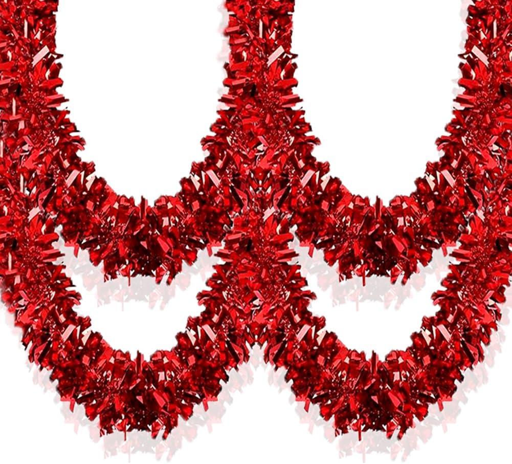 33Ft Christmas Tinsel Garland Shiny Thick Red Tinsel Decor Xmas Tree Decorations Metallic Twist Foil Garland for Birthday Thanksgiving Day New Year Parties Indoor Outdoor Party Supplies - Red