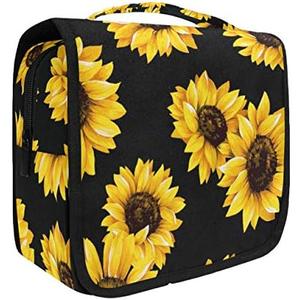 senya Hanging Travel Toiletry Bag Kit Makeup Case Cosmetics Organizer for Men Women, Black sunflower