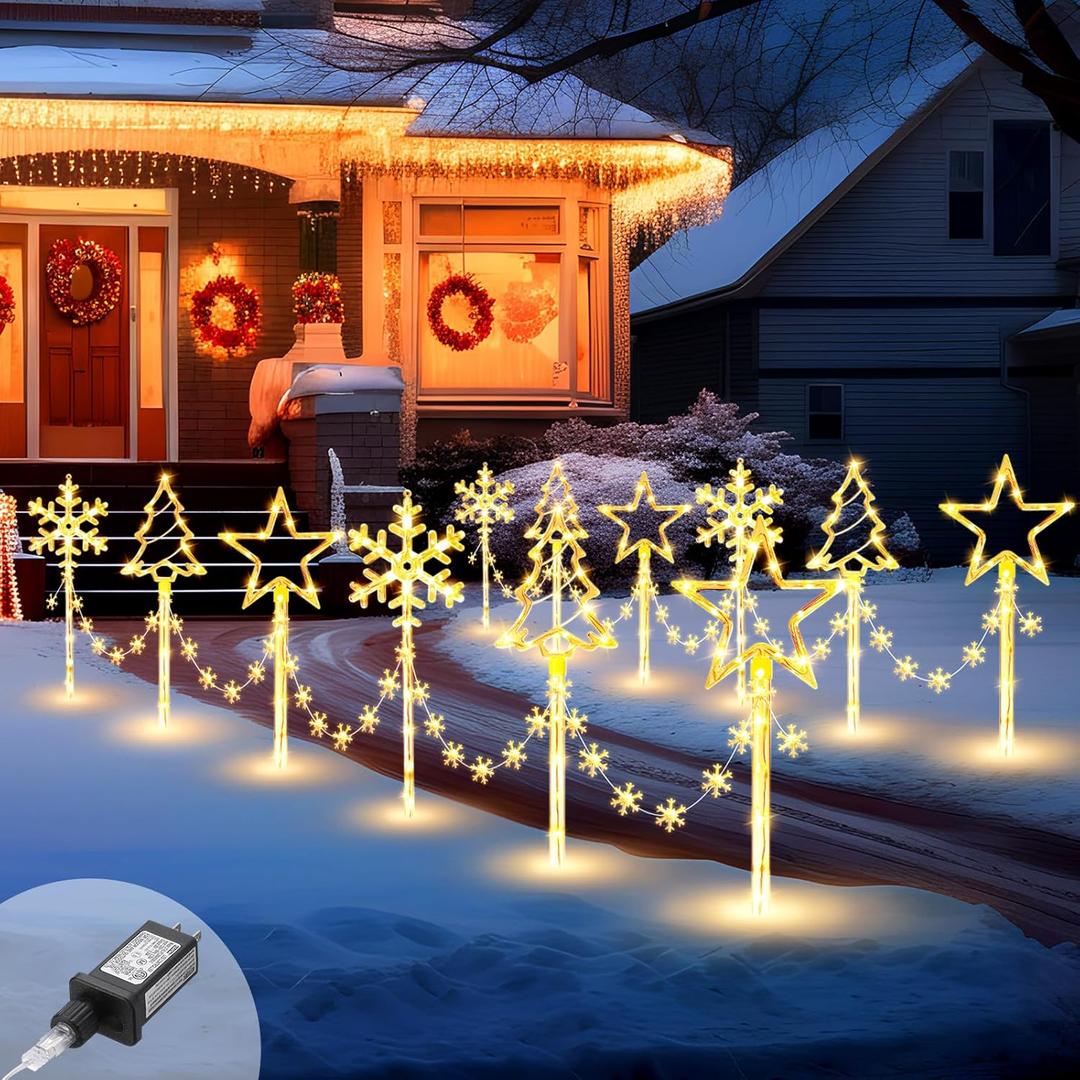 Glooglitter 12 Pack Outdoor Snowflake Walkway Lights Plug in Christmas Pathway Lights 8 Modes Xmas Waterproof LED Garden Stake Light for Walkway Porch Yard Lawn(Warm White)