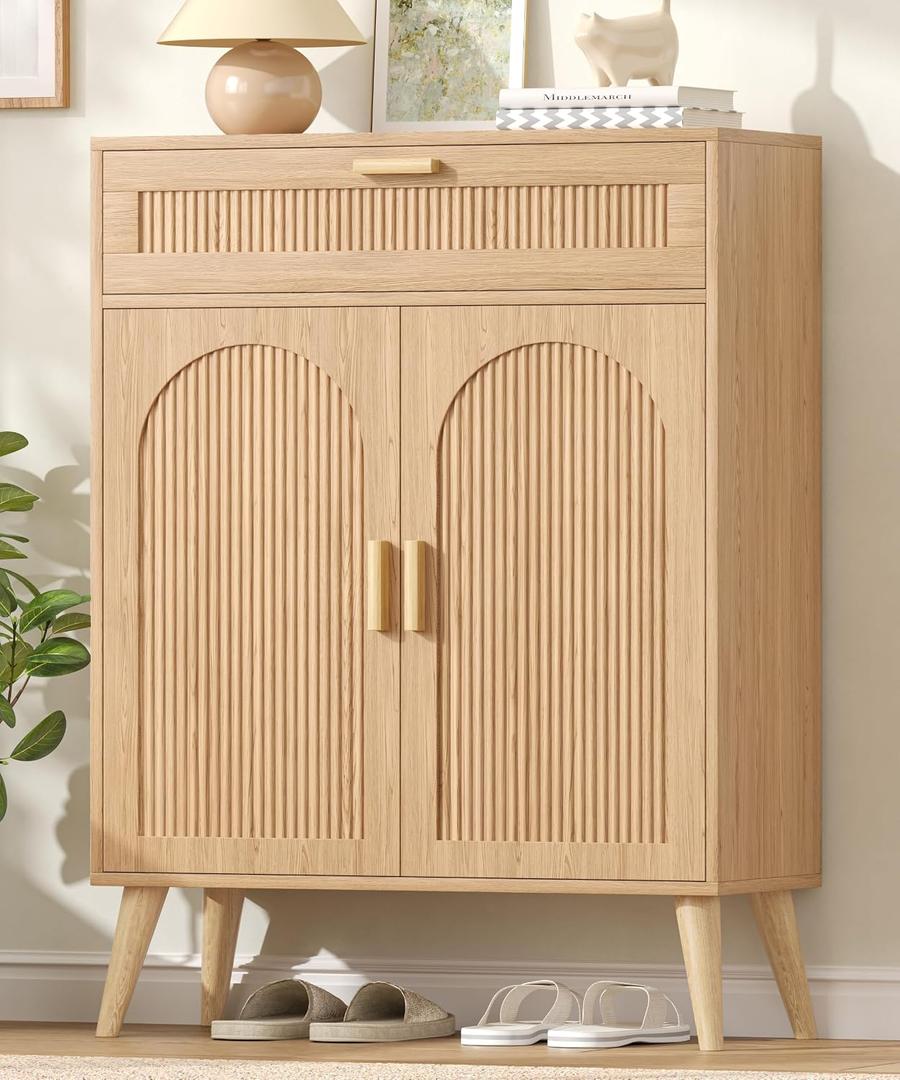 Keehusux Fluted Buffet Cabinet with Storage and Drawer, Natural Oak, 27.6"Wx 11.8"Dx 39.8"H