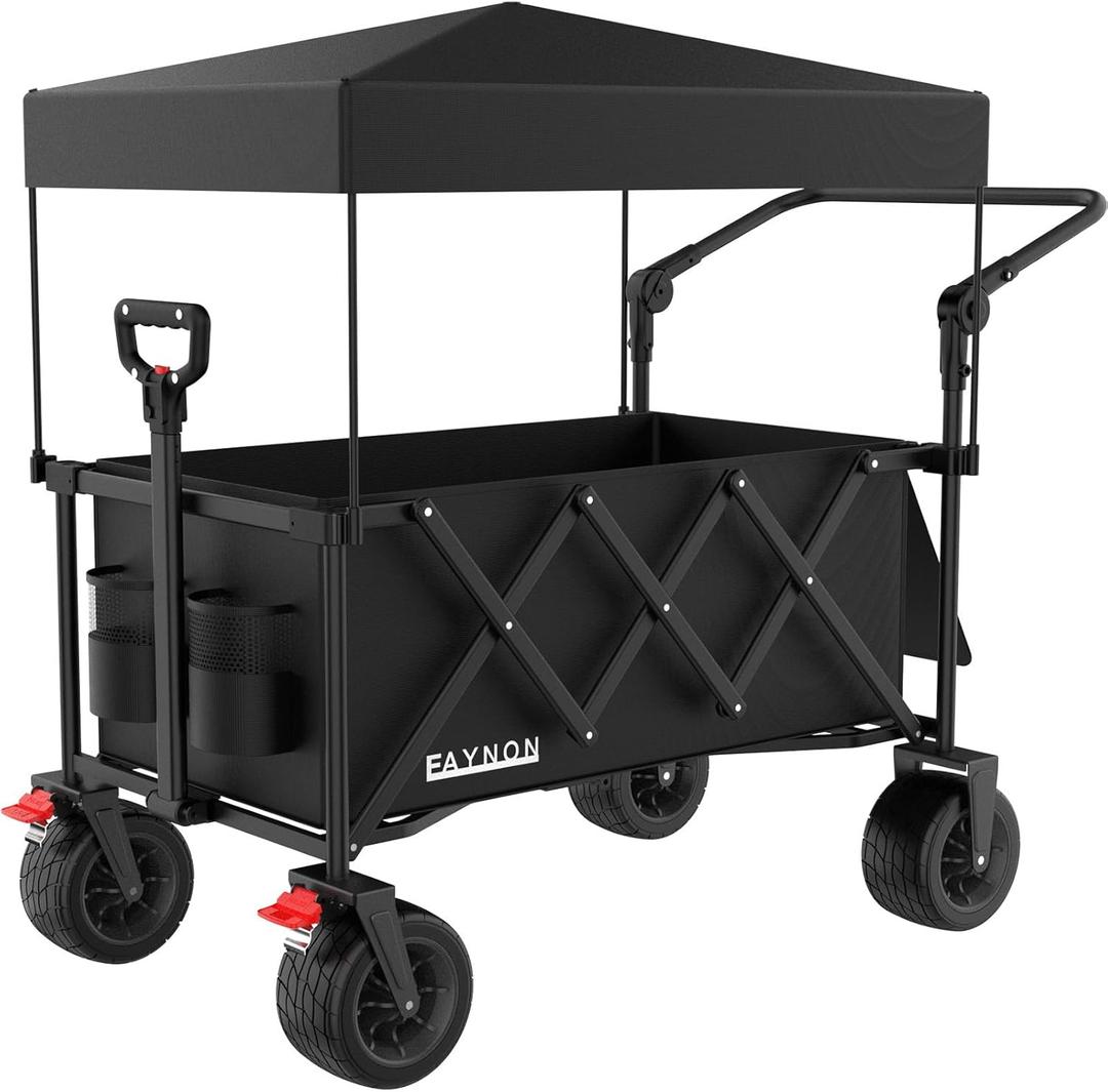2 in 1 Collapsible Wagon with 300lbs Weight Capacity,150L Heavy Duty Utility Cart with Removable Canopy,with Big All-Terrain Beach Wheels & Drink Holders,Black