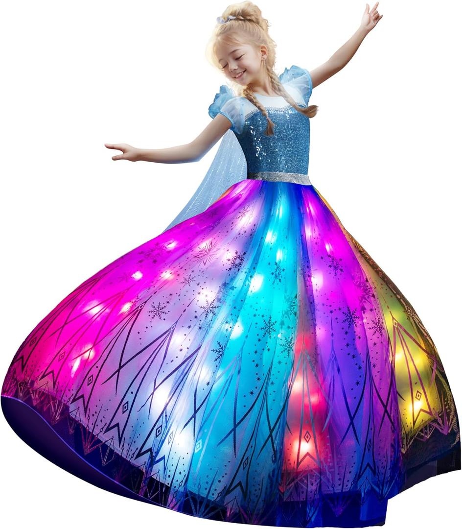 RGB LED Light Up Princess Dress, Interactive Girls Princess Costume Halloween Dress Up Clothes, Syncs with Music, App Remote Control, for Birthday, Party, Christmas, School Activities, Purple (5-6 Years)