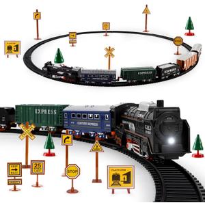 deAO Train Set with Light for Kids, Cargo Cars and Long Track for Boys & Girls Aged 3-12, Train Toys Railway Kits with Signposts & Trees, Electric Train Race Track Playset,Great for Birthday & Xmas
