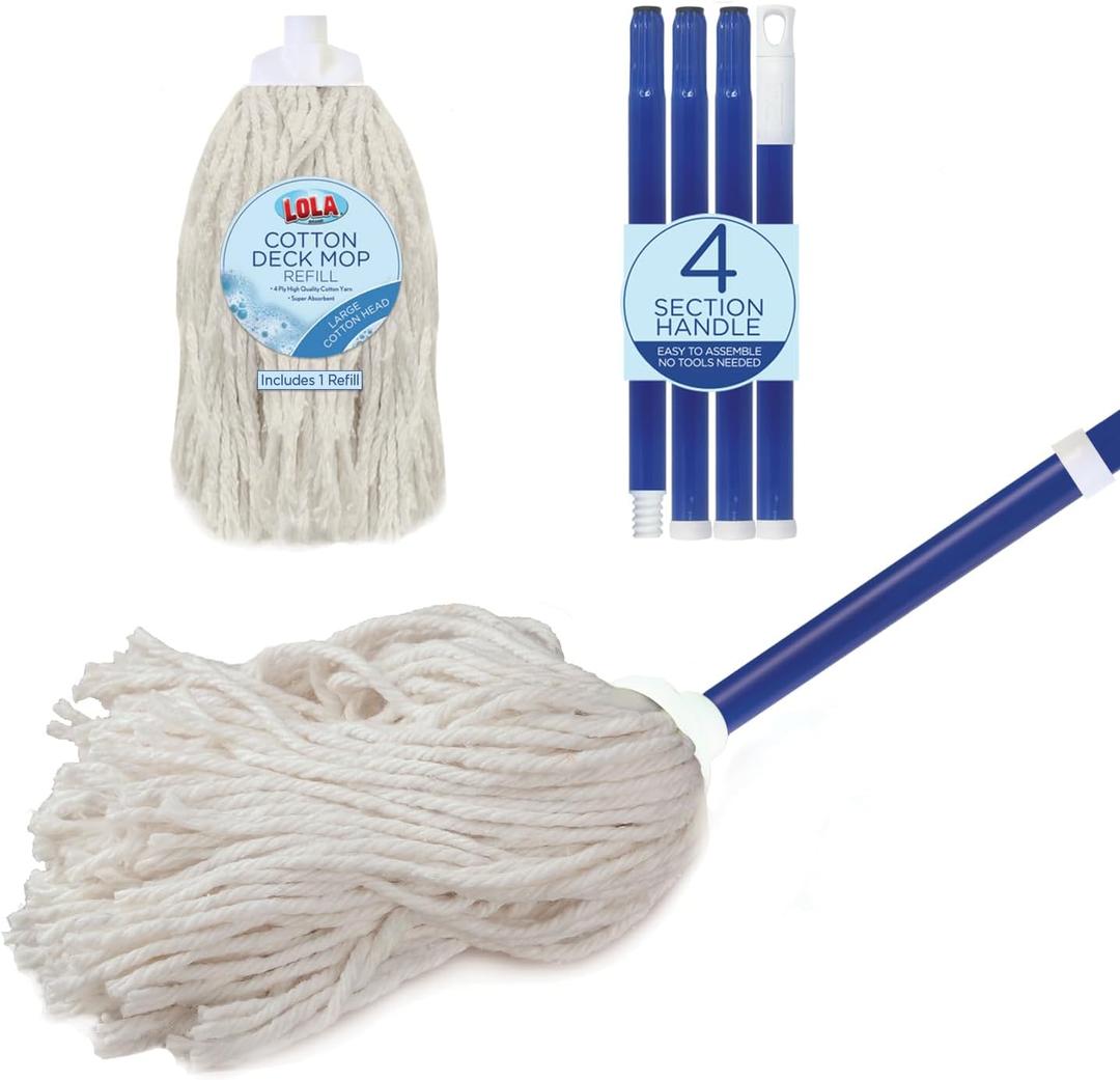 Lola Products Cotton String Wet Floor Mop w/ 1 Replacement Head, 4 Ply Cotton can Absorb 3X its Weight in Water, w/ Swivel Hang Cap for Easy Storage