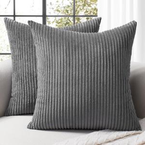 Softalker Decorative Throw Pillow Covers 16x16, Set of 2 Soft Corduroy Striped Boho Solid Pillow Cover, Modern Farmhouse Home Decor House Warming Gifts for Couch Sofa Bed Living Room, Dark Grey