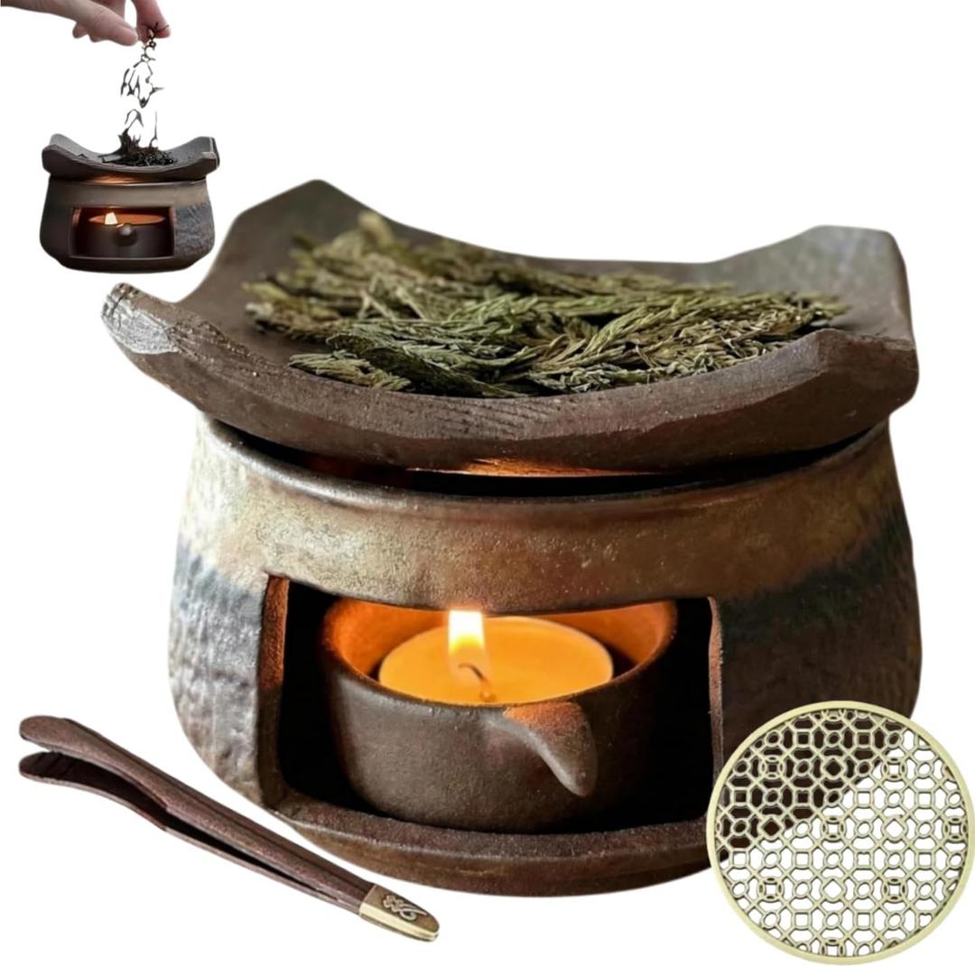 Ceramic Burner Kit with Wooden Clips and Pads, Essential Oil Burner for Incense & Herbs, Tea Light Candle Holder Warmer for Home Office Meditation Relaxation (Circular, 10.5 * 6.5cm/4.13 * 2.56in)
