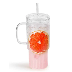 32oz Ribbed Borosilicate Glass Tumbler with Handle, Bamboo Lid and Straw (clear-1 Pack-glass Lid)