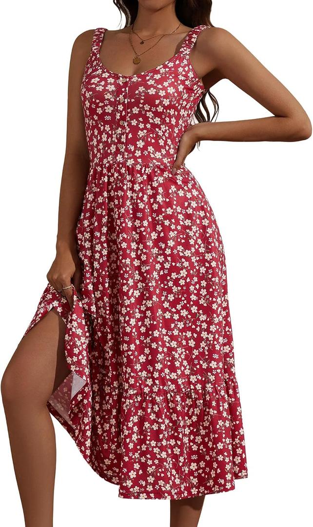 GUBERRY Summer Dresses for Women Midi Sleeveless Elastic Straps Square Neck A Line Casual Sundress for Women (Red, S)