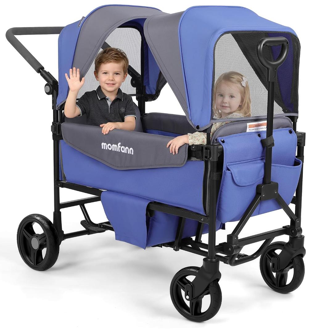 Stroller Wagon for 2 Kids, All-Terrain Wagon Stroller with Foldable, Adjustable Double Push Pull Handle, Large Storage Bag,Removable Canopy, Deep Blue