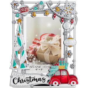 LARAINE Picture Photo Frame 4x6 Metal 2025 Christmas Red Car High Definition Display Pictures for Tabletop Home Decorative Holiday Gift, Silver