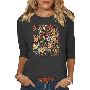 Chulianyouhuo Womens 3/4 Sleeve T Shirt Sunflower Graphic Tees Dandelion Flower Print Summer Casual Tops Blouse size; XL