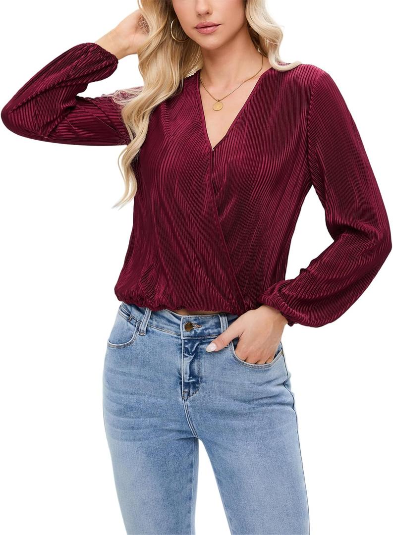 Women Long Lantern Sleeve Shirts Dressy Casual Loose Fit Fall V Neck Blouses Date Night Tops (Red, L)