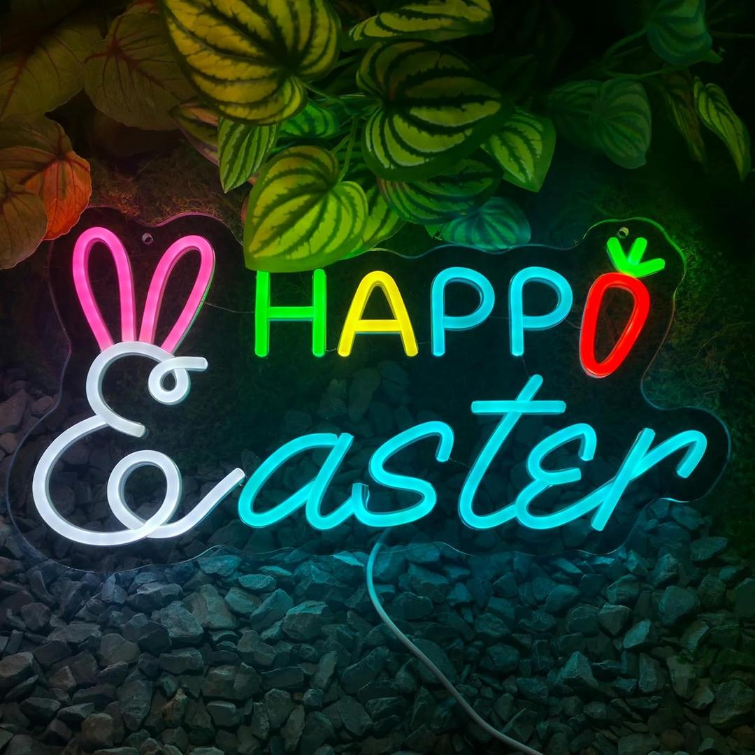 Happy Easter Neon Sign, Rabbit Shape Dimmable LED Easter Yard Sign Light, Easter Neon Sign for Wall Room Windows Lawn Party Decorations Easter Hanging Sign for Spring Front Yard Sign