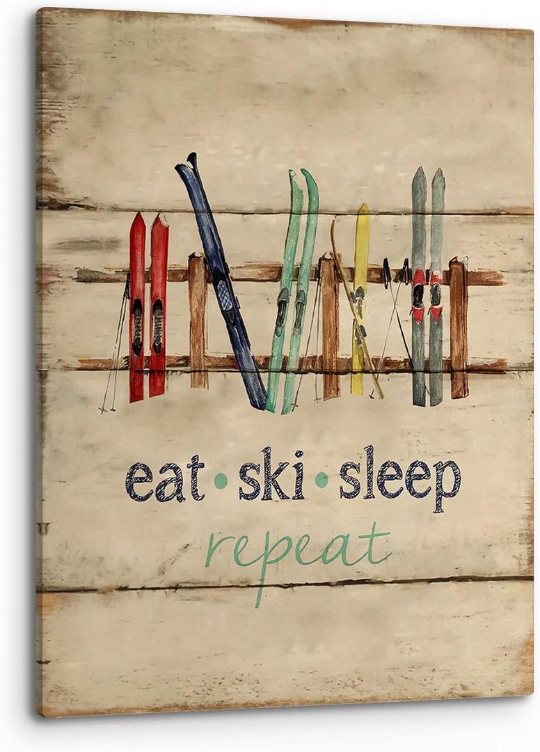 PHAMTE Eat Sleep Ski Repeat Wall Art, Farmhouse Rustic Winter Holiday Sport Ski Sleighs Vintage Print Framed Canvas Painting Artwork Home Bedroom Living Room Skiing Teen Room Cabin Decor(11x14 Inch) (Multicolor)