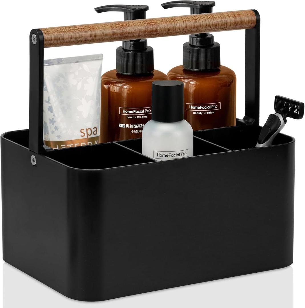 BYUNER Portable Shower Caddy Dorm: Bathroom Caddy Organizer with Handle and Adjustable Dividers,Plastic Shower Basket for Toiletry,Makeup,Vanity,Shower Storage Tote for College, Cleaning Caddy, Black