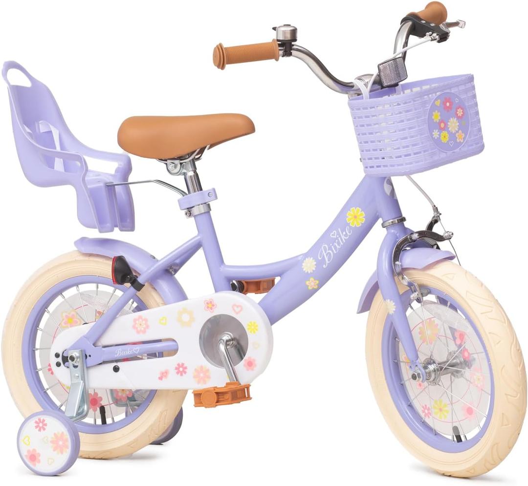 Bixike Girls Bike with Basket for Toddlers and Kids Aged 3-14 Years Old, with Training Wheels & Doll Seat, 20 Inch with Kickstand & Rear Rack, Princess Style Bicycle for Gift. Purple, 14 Inch With Doll Seat