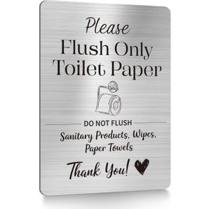 Flush Only Toilet Paper Sign, Premium Burshed Silver Bathroom Sign with 2 Stickers, Prevent Plumbing Damage Toilet Sign, Ideal for Business Restroom & Host, Easy to Inastall 8" x 6" 1PK