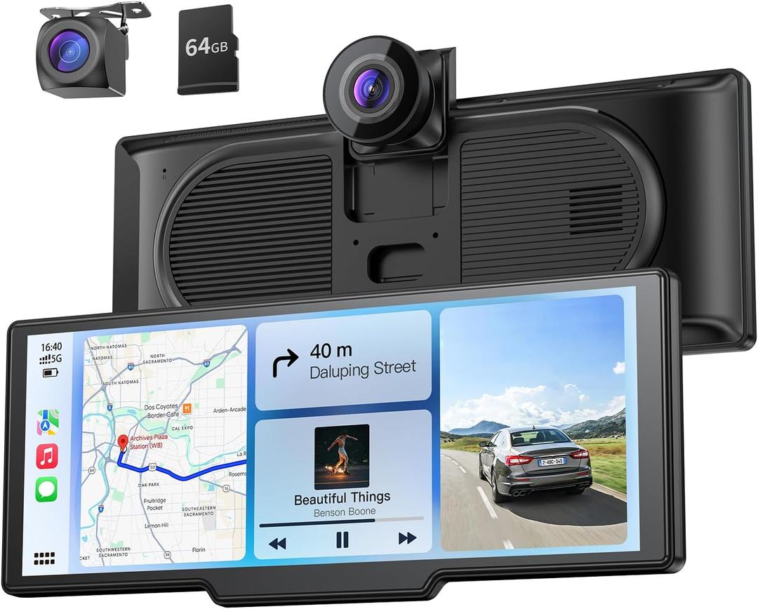 9.26" Carplay Screen with 4K Dash Cam & HD Backup Camera, Wireless Portable Car Play Screen for Apple Car Play & Android Auto, OTA, Bluetooth 5.0, Mirror Link, Voice Control, GPS Navigation, FM